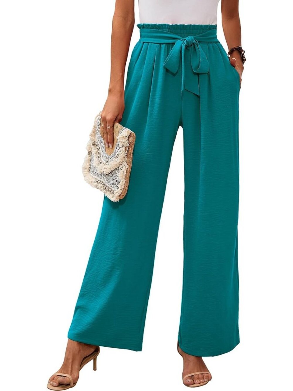 Women's Turquoise Wide Leg Pant High Waisted Tie Knot Loose Comfy Casual Trouser